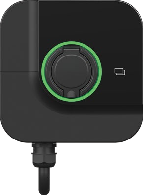 Borne de recharge murale Arcway A1, façade noire et anneau lumineux vert autour de la prise Type 2