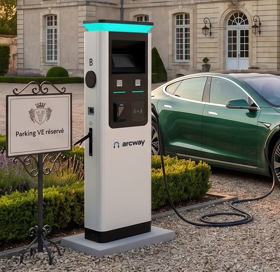 Borne de recharge double sur pied Arcway A2 avec écran, en extérieur, reliée à une voiture électrique devant un parking réservé